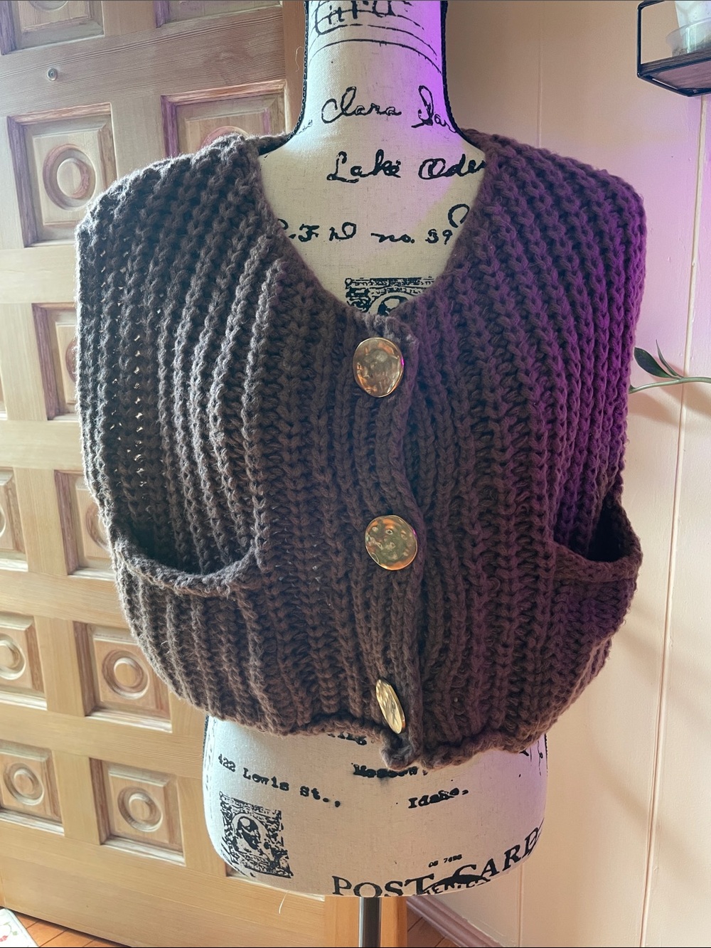 Women's Chunky Knit Brown Button-Front Sweater Vest